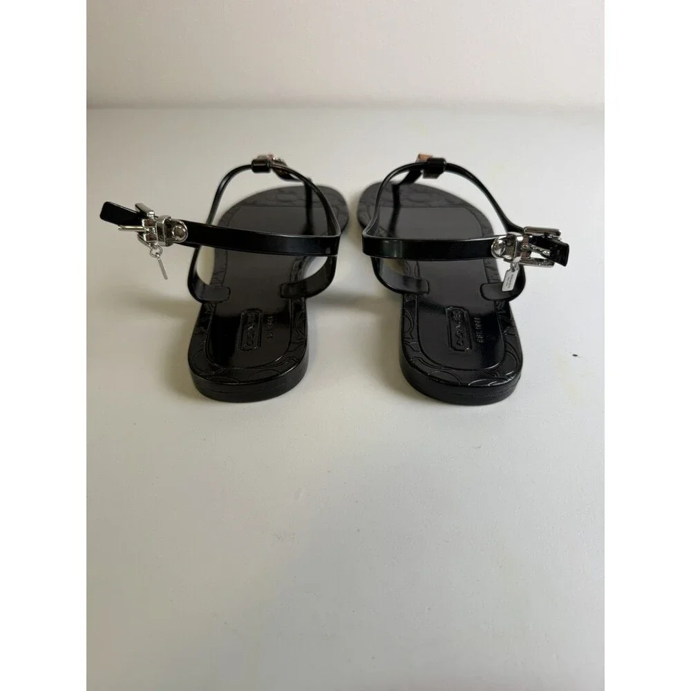 Coach Women’s Black Thong Sandals T-Strap Ankle Strap Buckle Logo US 8B
